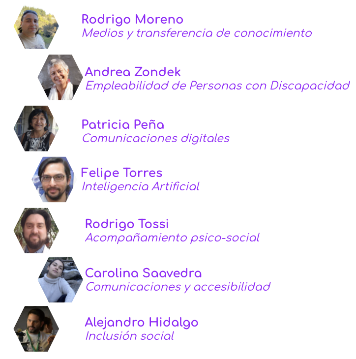 Rodrigo Moreno, Medios y transferencia de conocimientos.
Andrea Zondek, Empleabilidad de personas con discapacidad.
Patricia Peña, Comunicaciones digitales.
Felipe Torres, Inteligencia Artificial.
Rodrigo Tossi, Acompañamiento psico-social.
Carolina Saavedra, Comunicaciones y accesibilidad.
Alejandro Hidalgo, Inclusión social.
