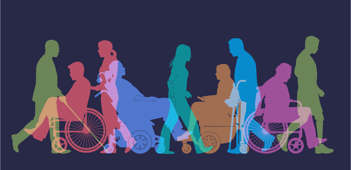 Se aprecian 9 silueta de personas de colores rojo, azul, celeste, naranjo, turquesa y rosado, entre hombres y mujeres que van caminando y/o trasladándose de un lado a otro, por lo que todas están de perfil. Algunas se encuentran con bastón, otras con silla de ruedas, otras con muletas y otras con silla de ruedas eléctrica. El fondo es azul marino.