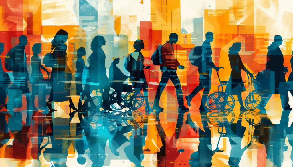 Vemos ilustración colorida con muchas personas caminando hacia la derecha. Algunas con discapacidad, con bastones y en silla de ruedas, y otras sin discapacidad. De fondo se ven edificios.